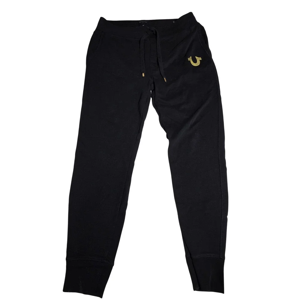 True Religion Mens‎ Black Jogger Sweatpants Yellow Horseshoe Logo Size Medium